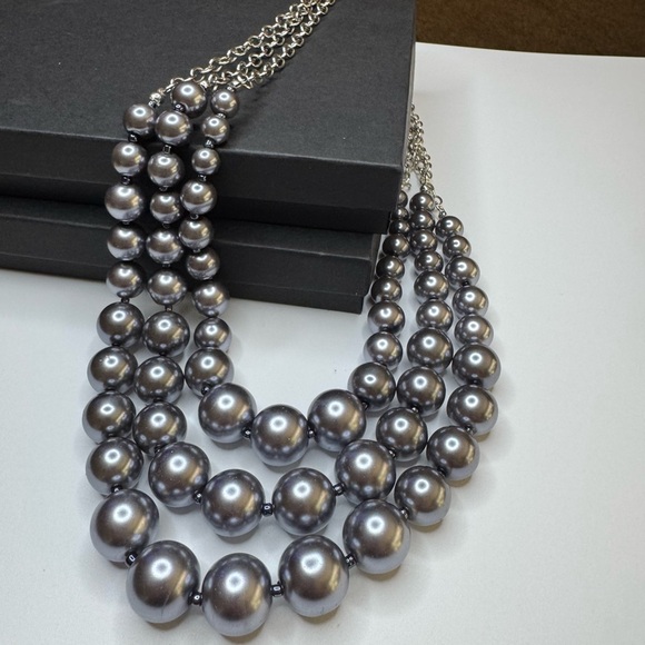 Simulated Grey Pearl Triple Row Necklace (20-22 Inches) in Silvertone - Picture 1 of 3
